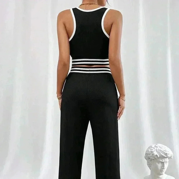 Black Casual Women's Contrast Binding Crop Tank Top & Pants - Picture 2 of 6